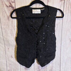 Vintage Women's Sequin Patterned Embroidered Black Beaded V-neck Vest Small